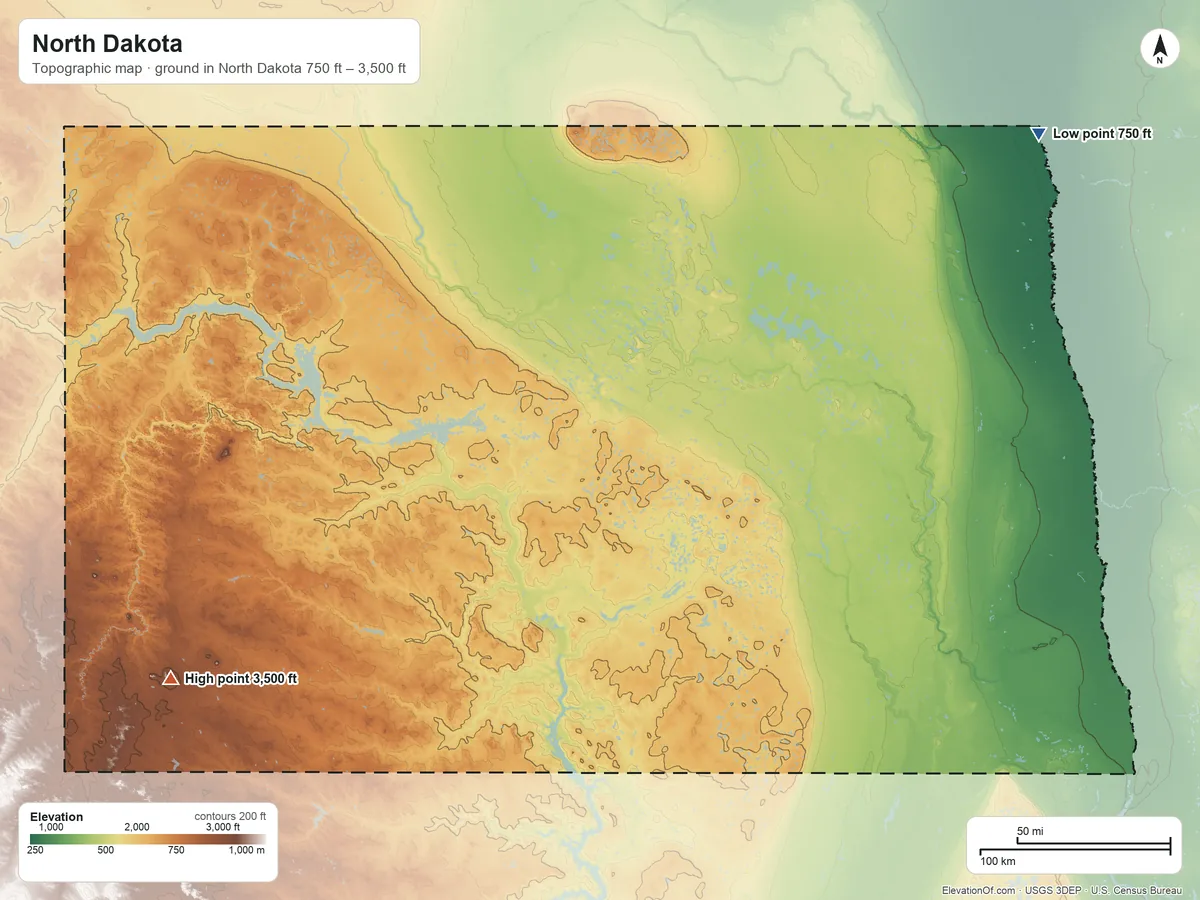 Topographic elevation map of North Dakota, shaded from 750 ft on the northeast side to 3,500 ft on White Butte
