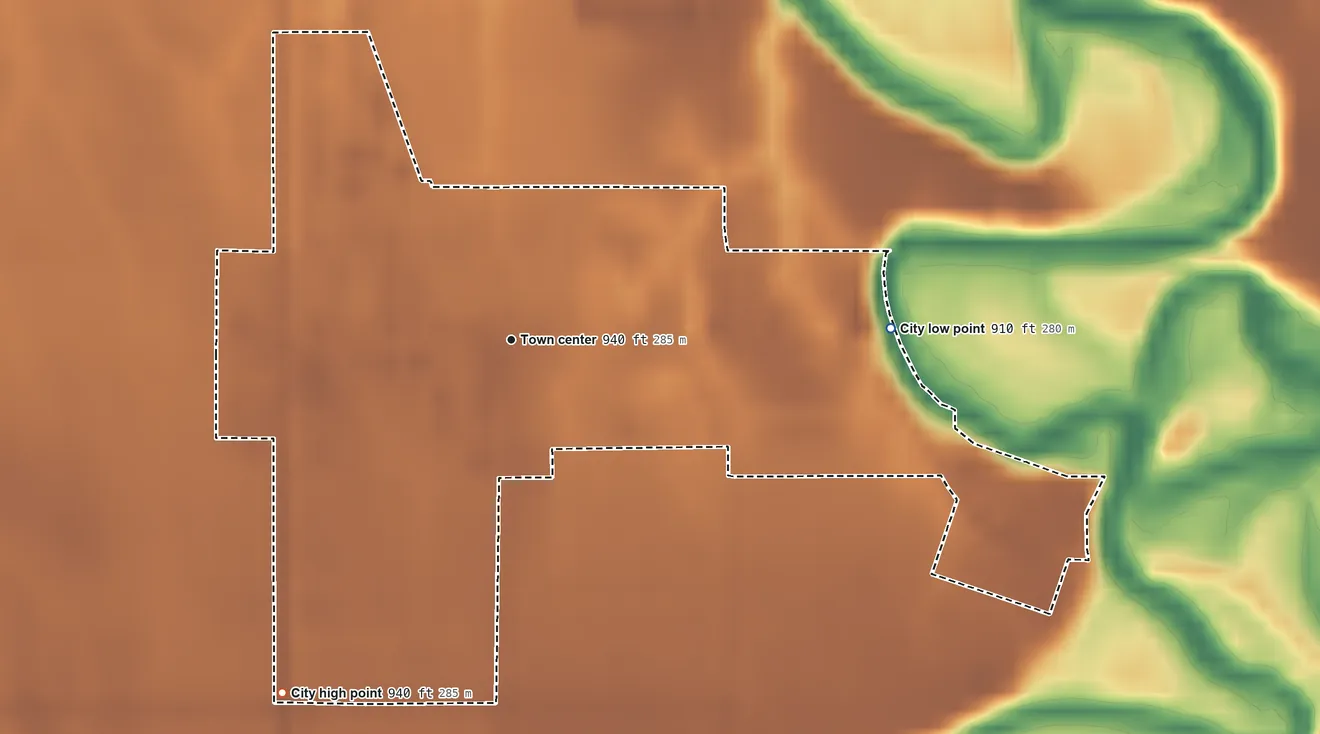 Topographic elevation map of Abercrombie, North Dakota, shaded from 910 ft on the east side to 940 ft on the southwest side