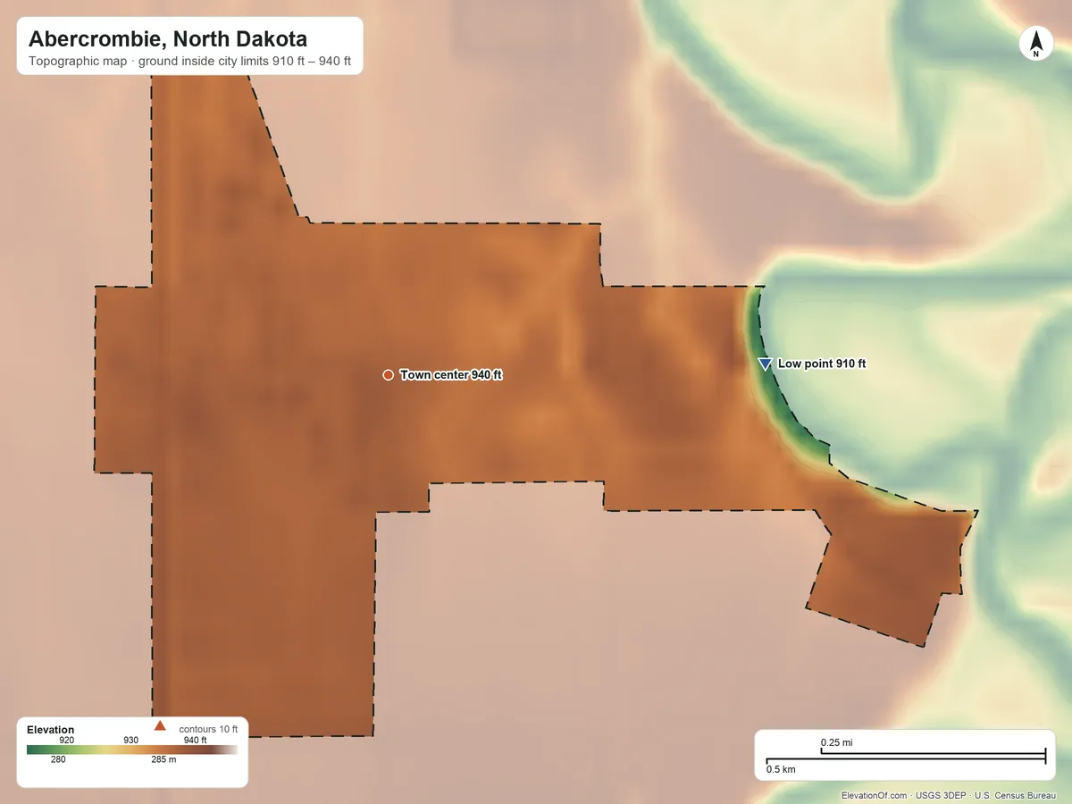 Topographic elevation map of Abercrombie, North Dakota, shaded from 910 ft on the east side to 940 ft on the southwest side