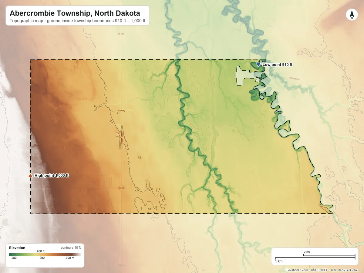 Topographic elevation map of Abercrombie Township, North Dakota, shaded from 910 ft on the northeast side to 1,000 ft on the west side
