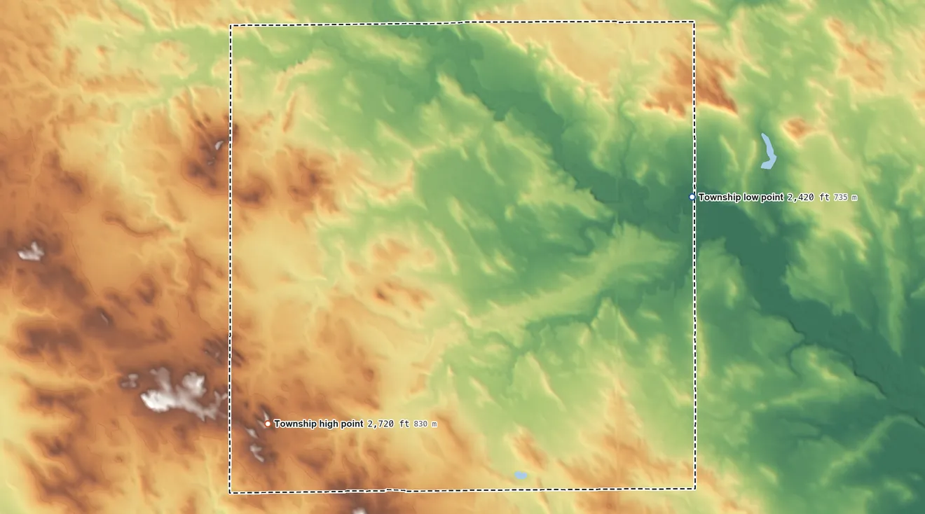 Topographic elevation map of Acme Township, North Dakota, shaded from 2,420 ft on the east side to 2,720 ft on the southwest side
