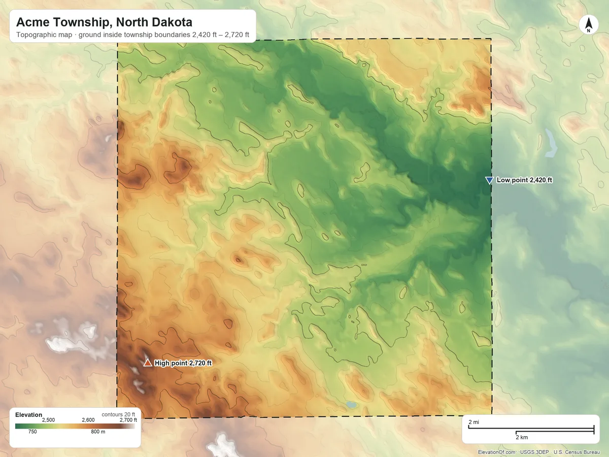 Topographic elevation map of Acme Township, North Dakota, shaded from 2,420 ft on the east side to 2,720 ft on the southwest side