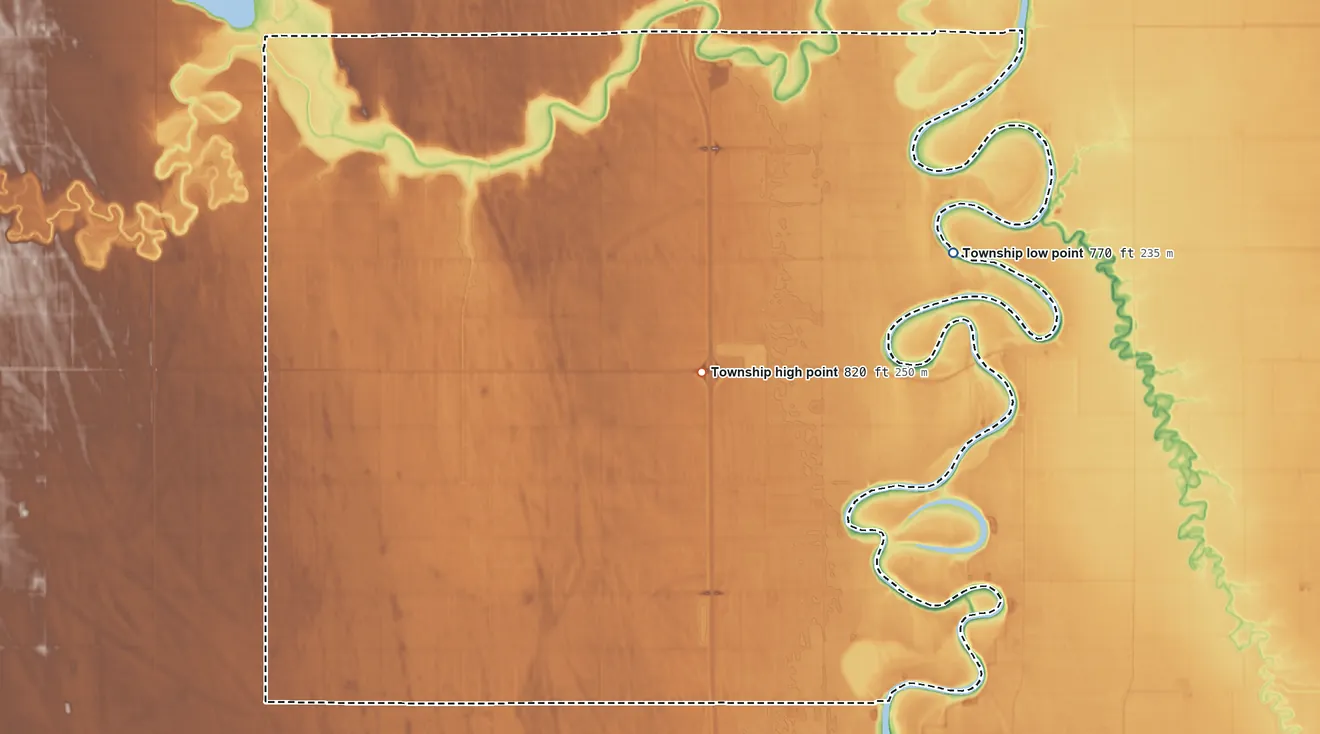 Topographic elevation map of Acton Township, North Dakota, shaded from 770 ft on the east side to 820 ft on the east side
