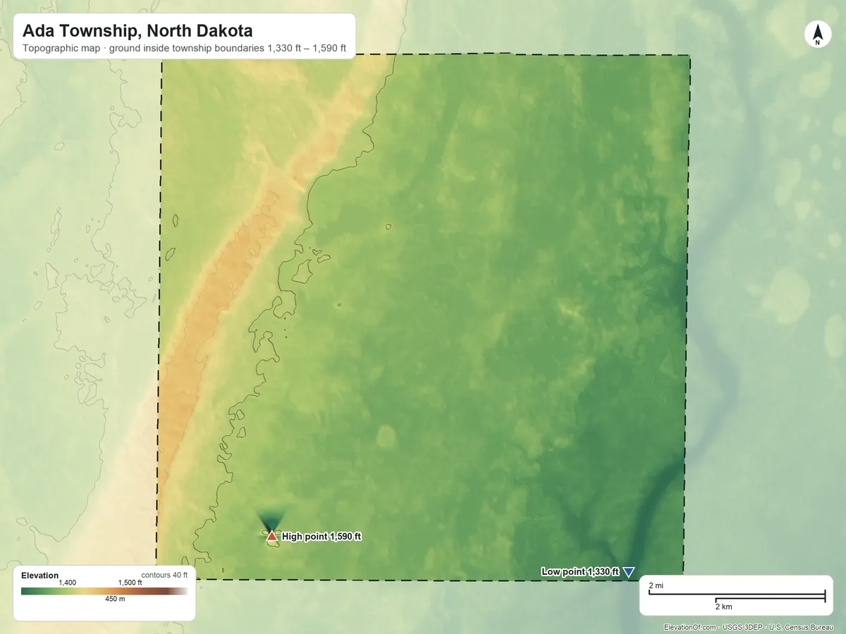 Topographic elevation map of Ada Township, North Dakota, shaded from 1,330 ft on the southeast side to 1,590 ft on the southwest side