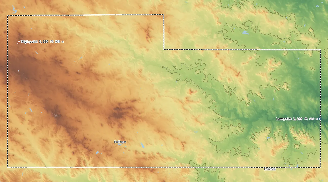 Topographic elevation map of Adams County, North Dakota, shaded from 2,260 ft on the east side to 3,130 ft on the west side