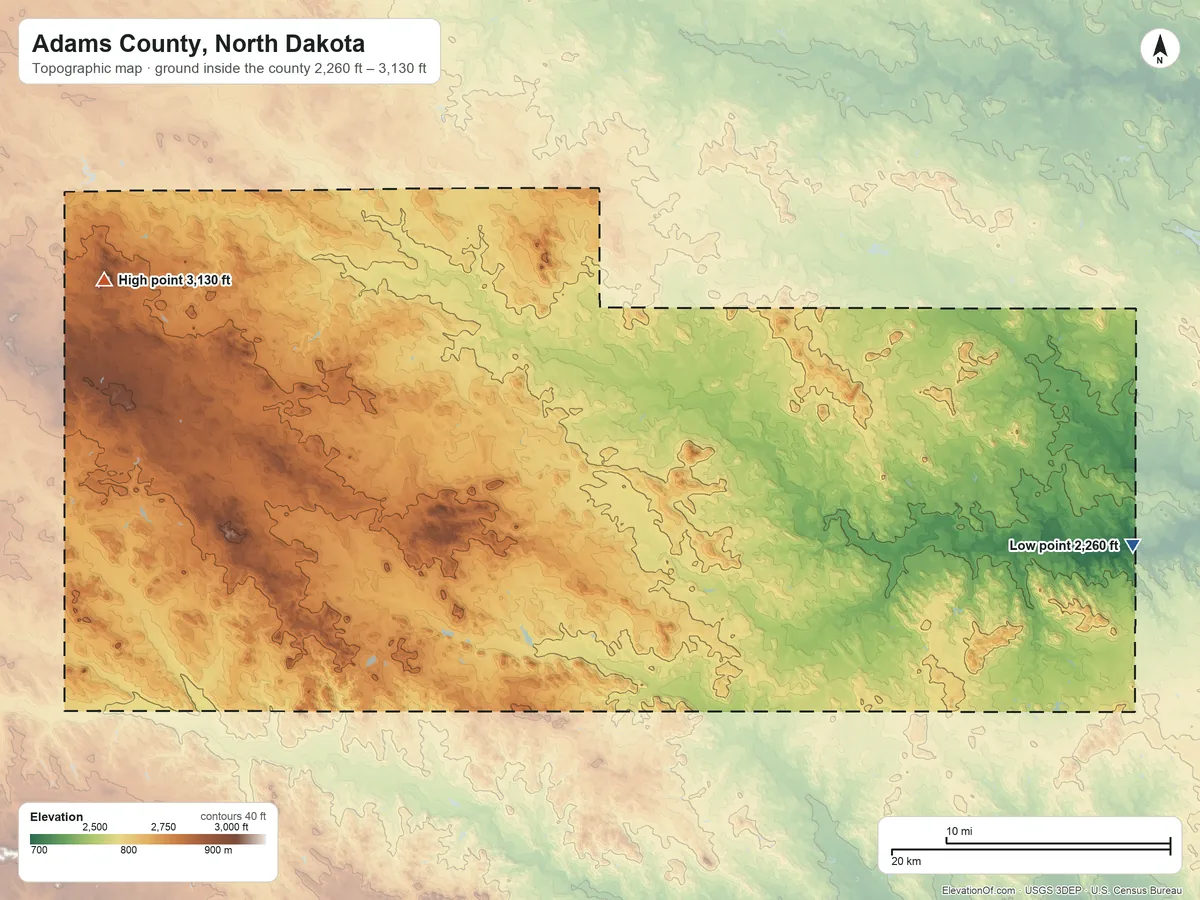 Topographic elevation map of Adams County, North Dakota, shaded from 2,260 ft on the east side to 3,130 ft on the west side