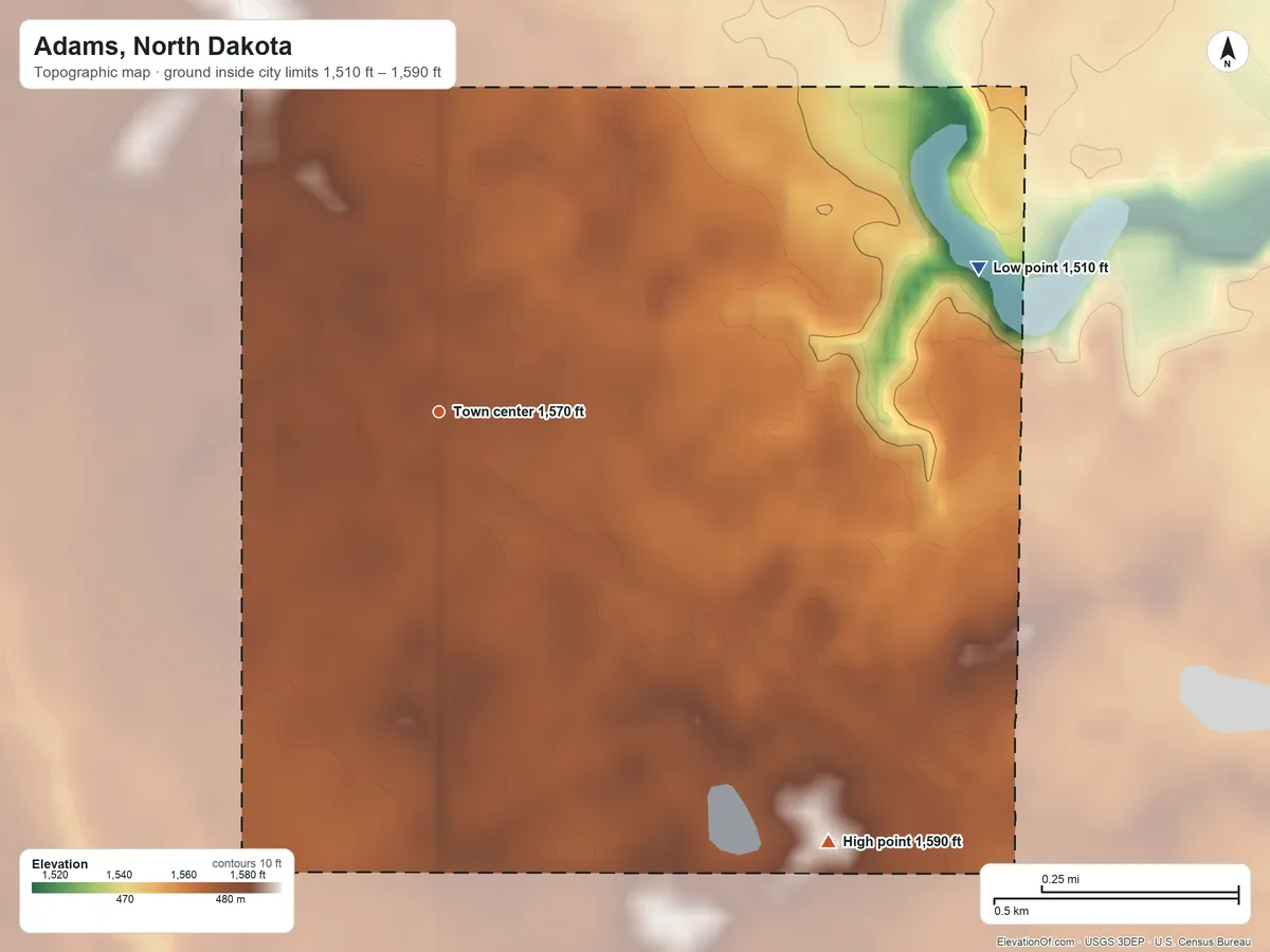 Topographic elevation map of Adams, North Dakota, shaded from 1,510 ft on the east side to 1,590 ft on the southeast side