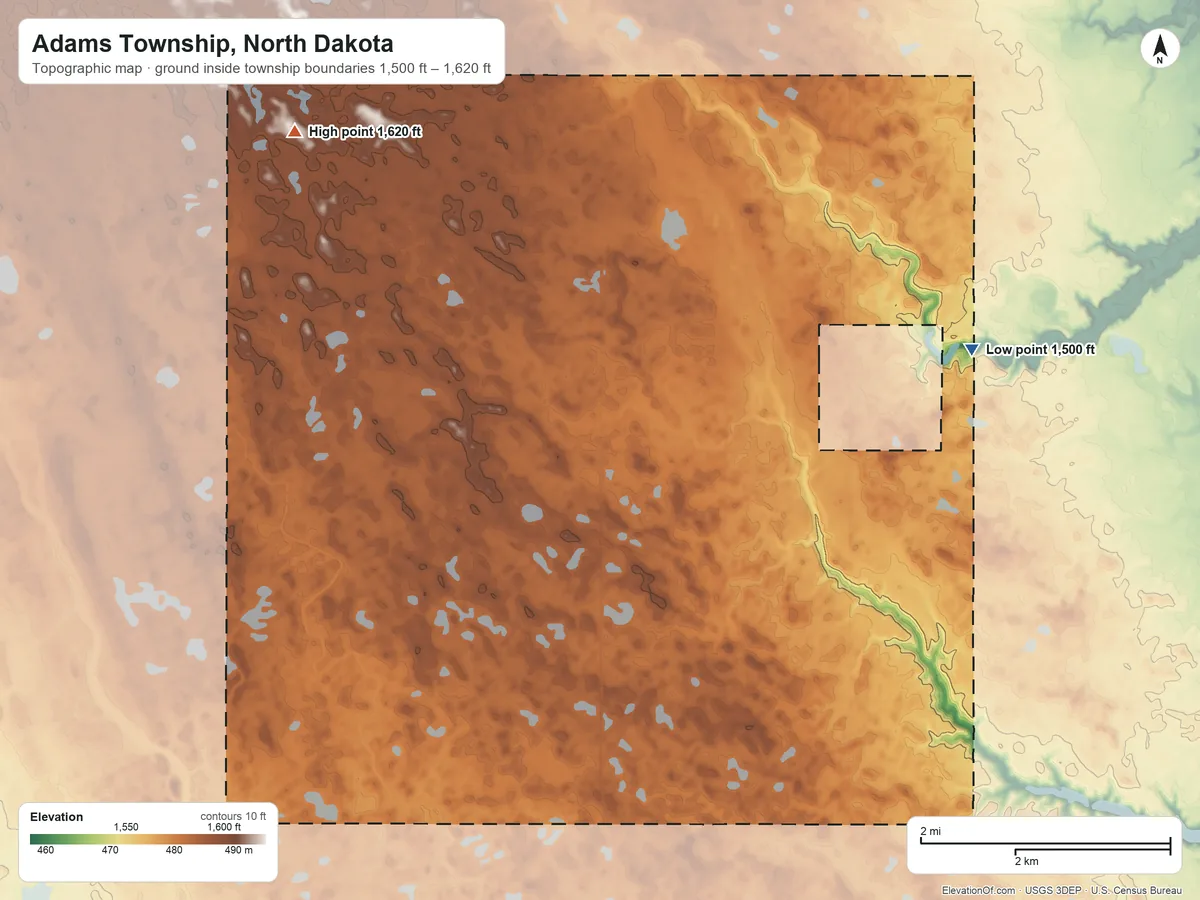 Topographic elevation map of Adams Township, North Dakota, shaded from 1,500 ft on the east side to 1,620 ft on the northwest side