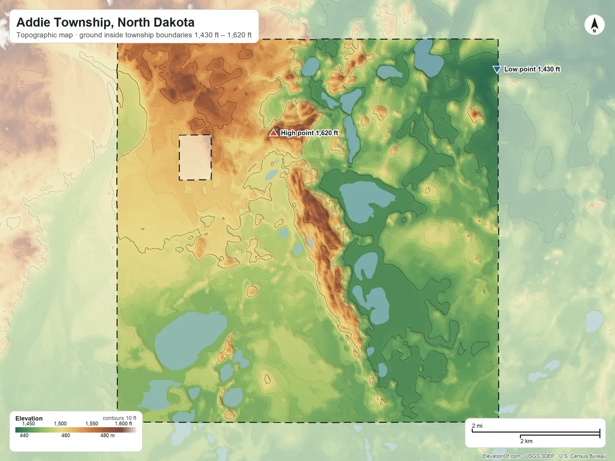 Topographic elevation map of Addie Township, North Dakota, shaded from 1,430 ft on the northeast side to 1,620 ft on the northwest side