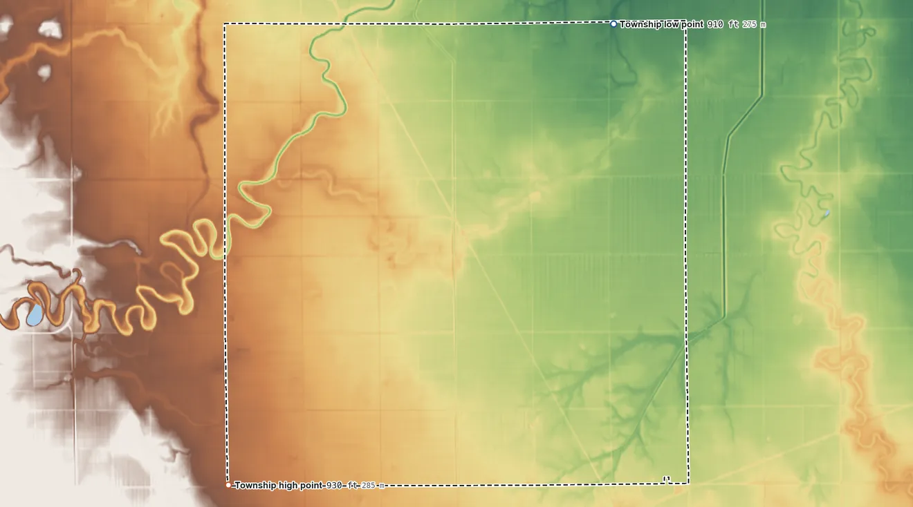 Topographic elevation map of Addison Township, North Dakota, shaded from 910 ft on the northeast side to 930 ft on the southwest side