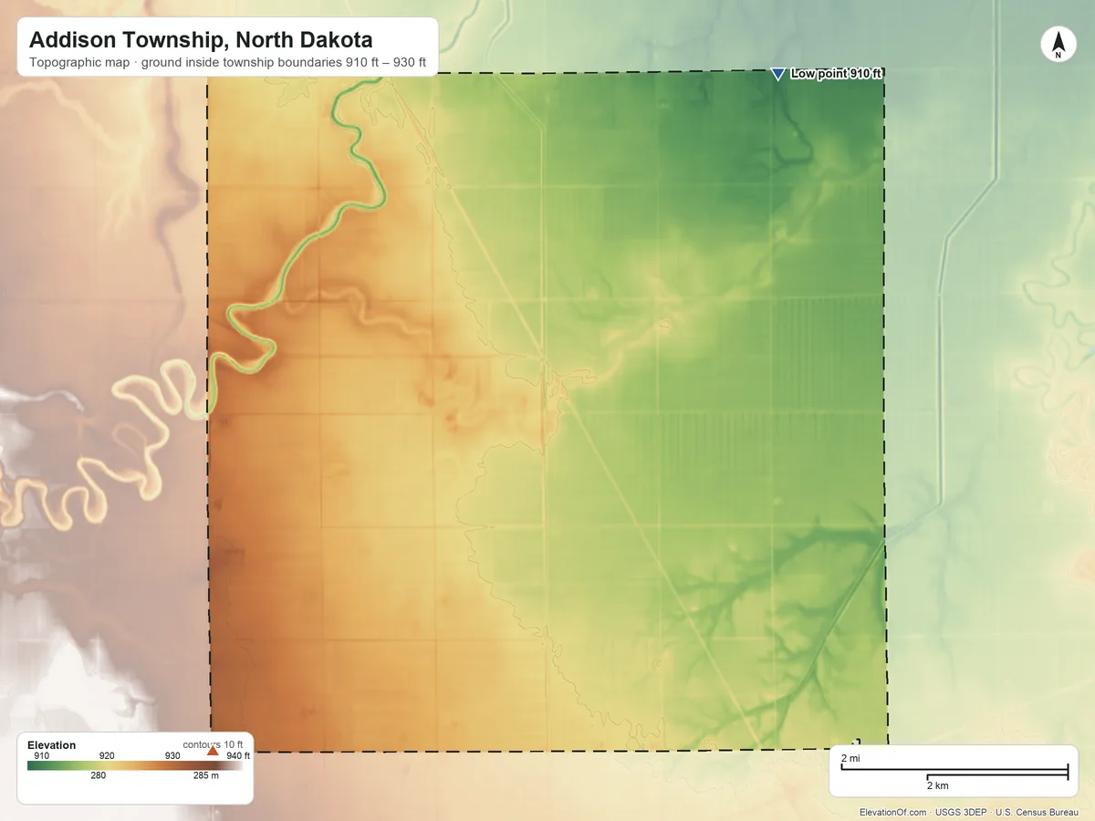 Topographic elevation map of Addison Township, North Dakota, shaded from 910 ft on the northeast side to 930 ft on the southwest side