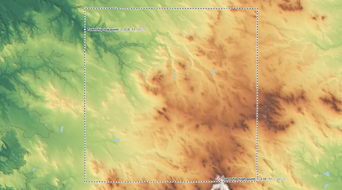 Topographic elevation map of Adelaide Township, North Dakota, shaded from 2,910 ft on the northwest side to 3,430 ft on the southeast side
