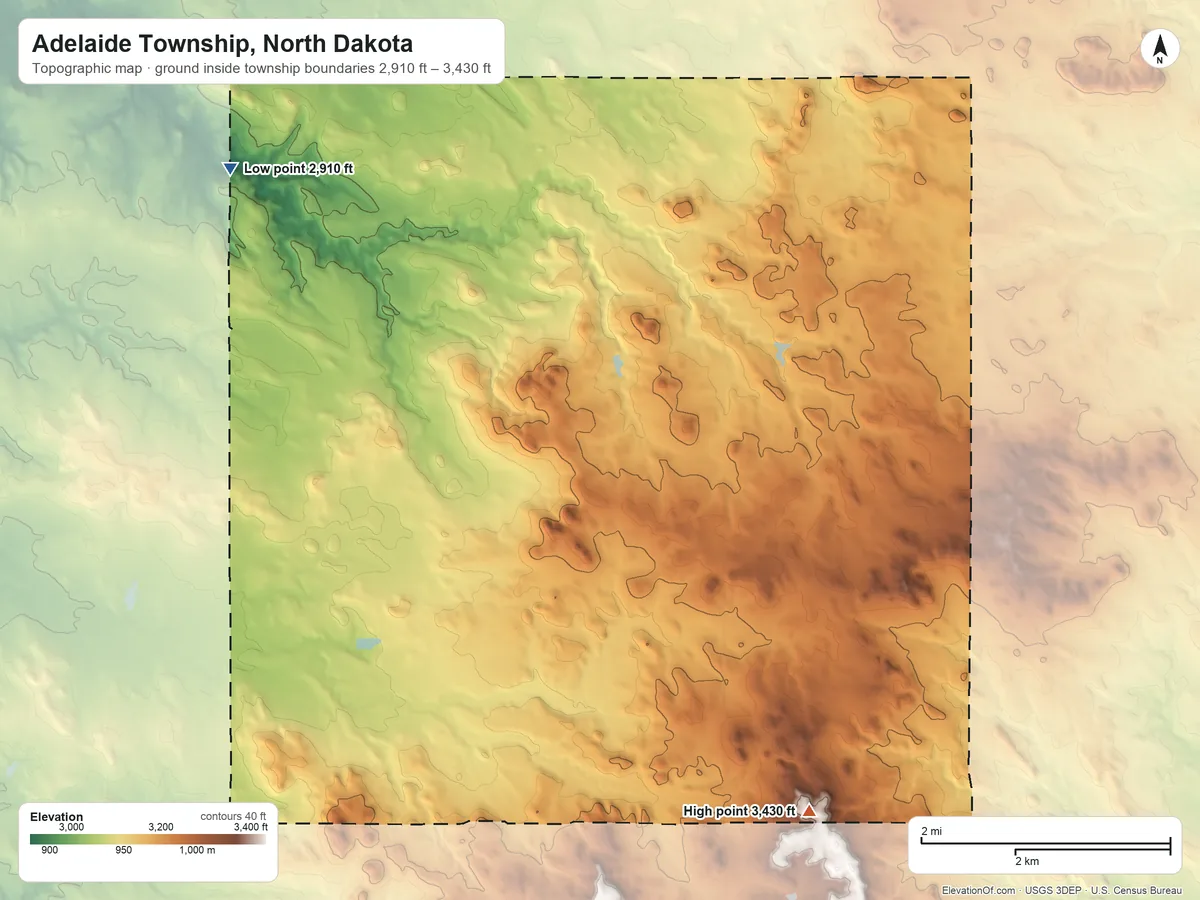 Topographic elevation map of Adelaide Township, North Dakota, shaded from 2,910 ft on the northwest side to 3,430 ft on the southeast side