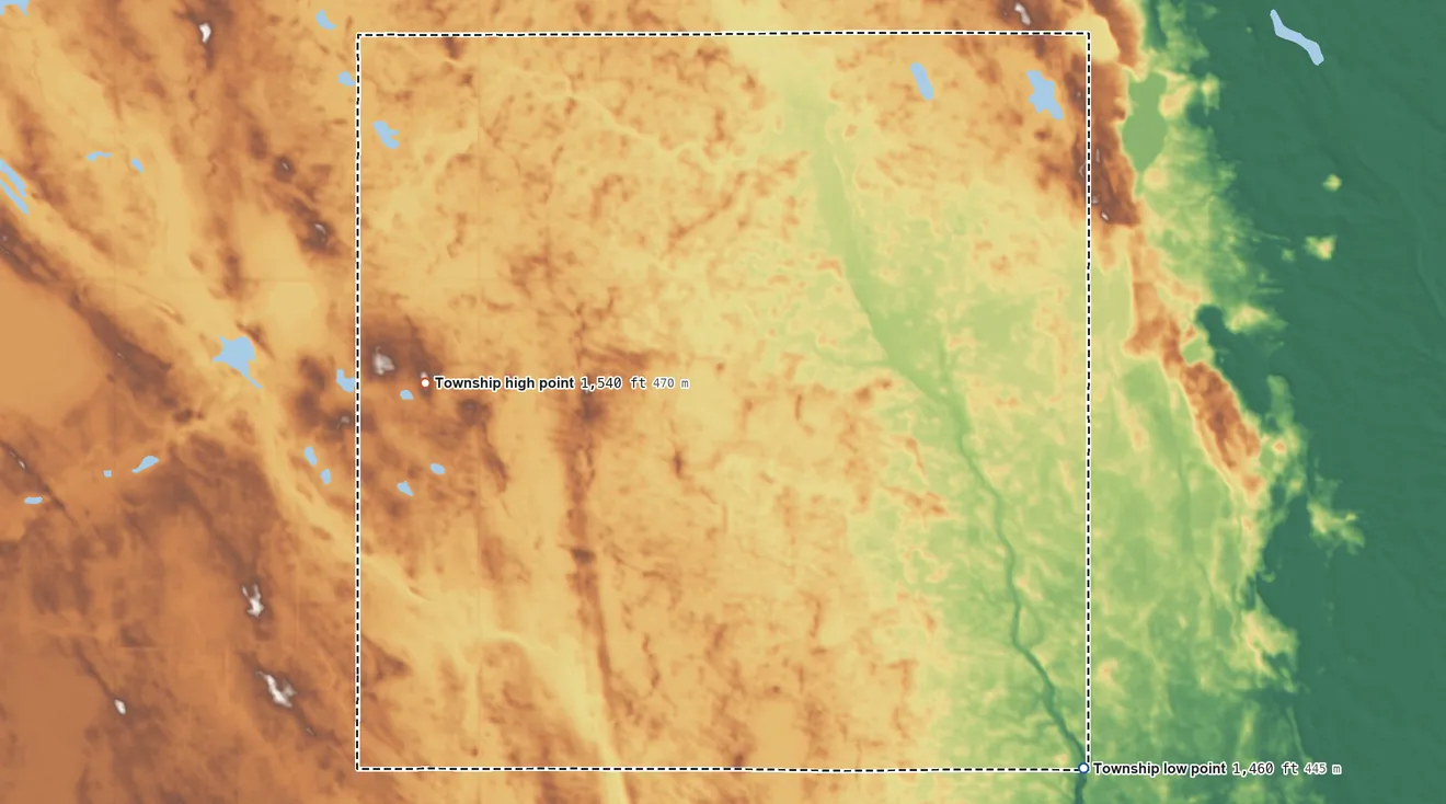 Topographic elevation map of Adler Township, North Dakota, shaded from 1,460 ft on the southeast side to 1,540 ft on the southwest side
