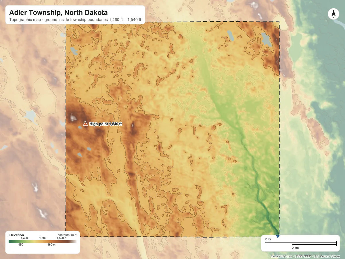 Topographic elevation map of Adler Township, North Dakota, shaded from 1,460 ft on the southeast side to 1,540 ft on the southwest side