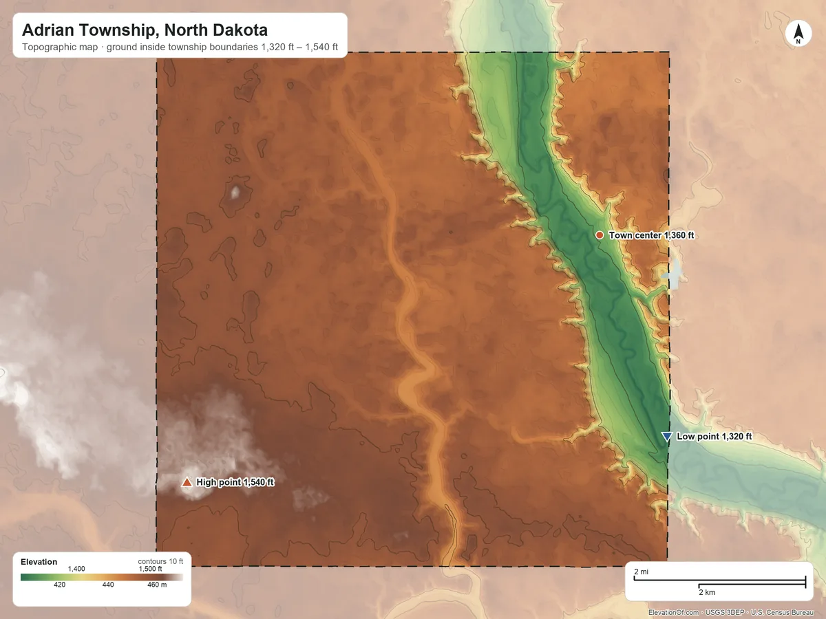 Topographic elevation map of Adrian Township, North Dakota, shaded from 1,320 ft on the south side to 1,540 ft on the southwest side