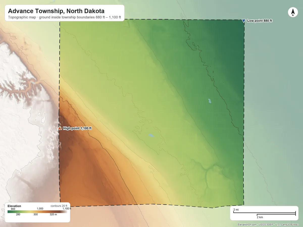 Topographic elevation map of Advance Township, North Dakota, shaded from 880 ft on the northeast side to 1,100 ft on the west side