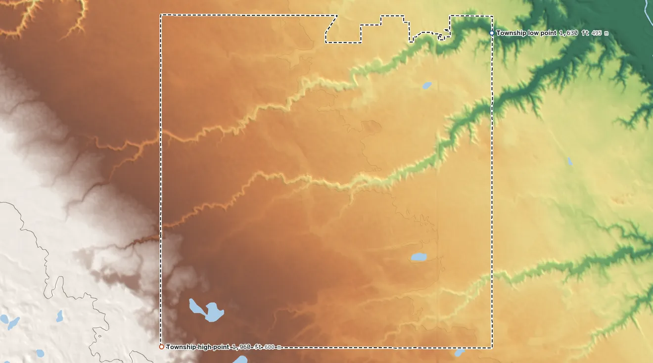 Topographic elevation map of Afton Township, North Dakota, shaded from 1,630 ft on the east side to 1,960 ft on the southwest side