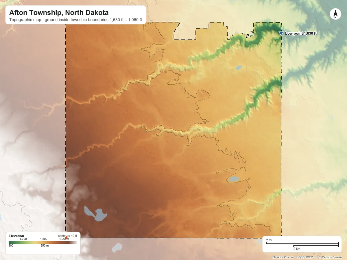 Topographic elevation map of Afton Township, North Dakota, shaded from 1,630 ft on the east side to 1,960 ft on the southwest side