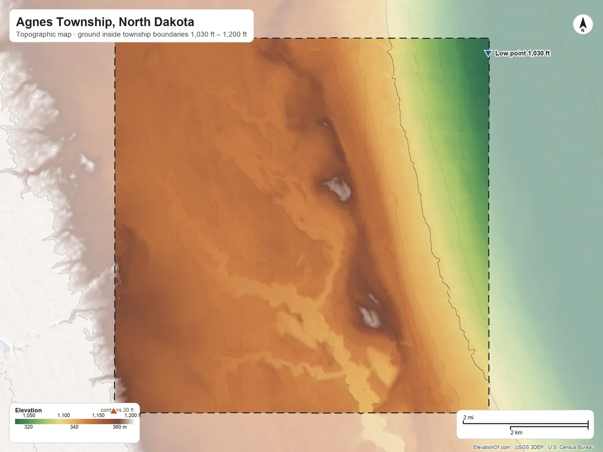 Topographic elevation map of Agnes Township, North Dakota, shaded from 1,030 ft on the northeast side to 1,200 ft on the southwest side