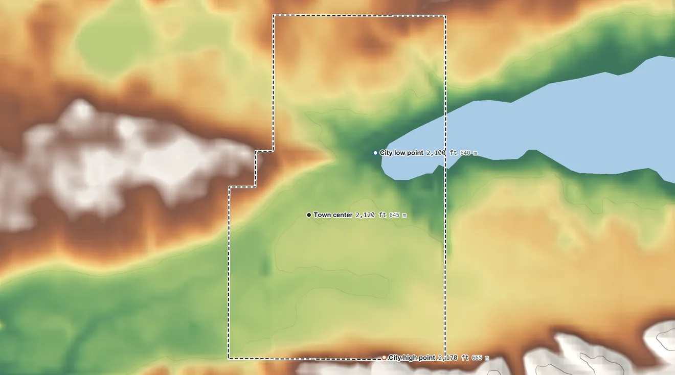 Topographic elevation map of Alamo, North Dakota, shaded from 2,100 ft on the northeast side to 2,170 ft on the southeast side