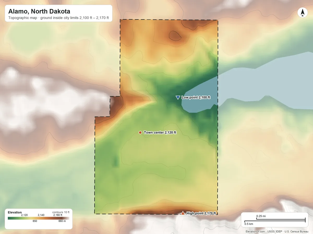 Topographic elevation map of Alamo, North Dakota, shaded from 2,100 ft on the northeast side to 2,170 ft on the southeast side