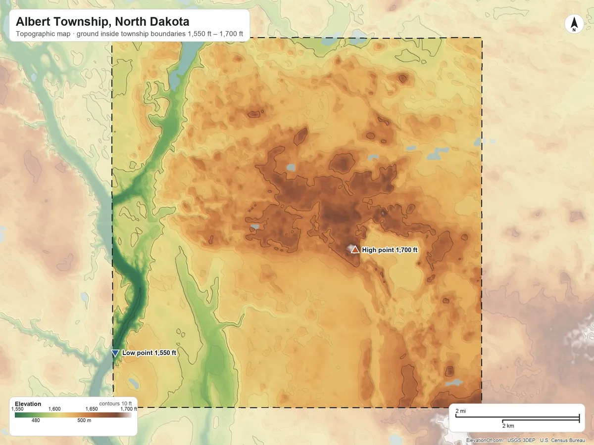 Topographic elevation map of Albert Township, North Dakota, shaded from 1,550 ft on the west side to 1,700 ft near the middle