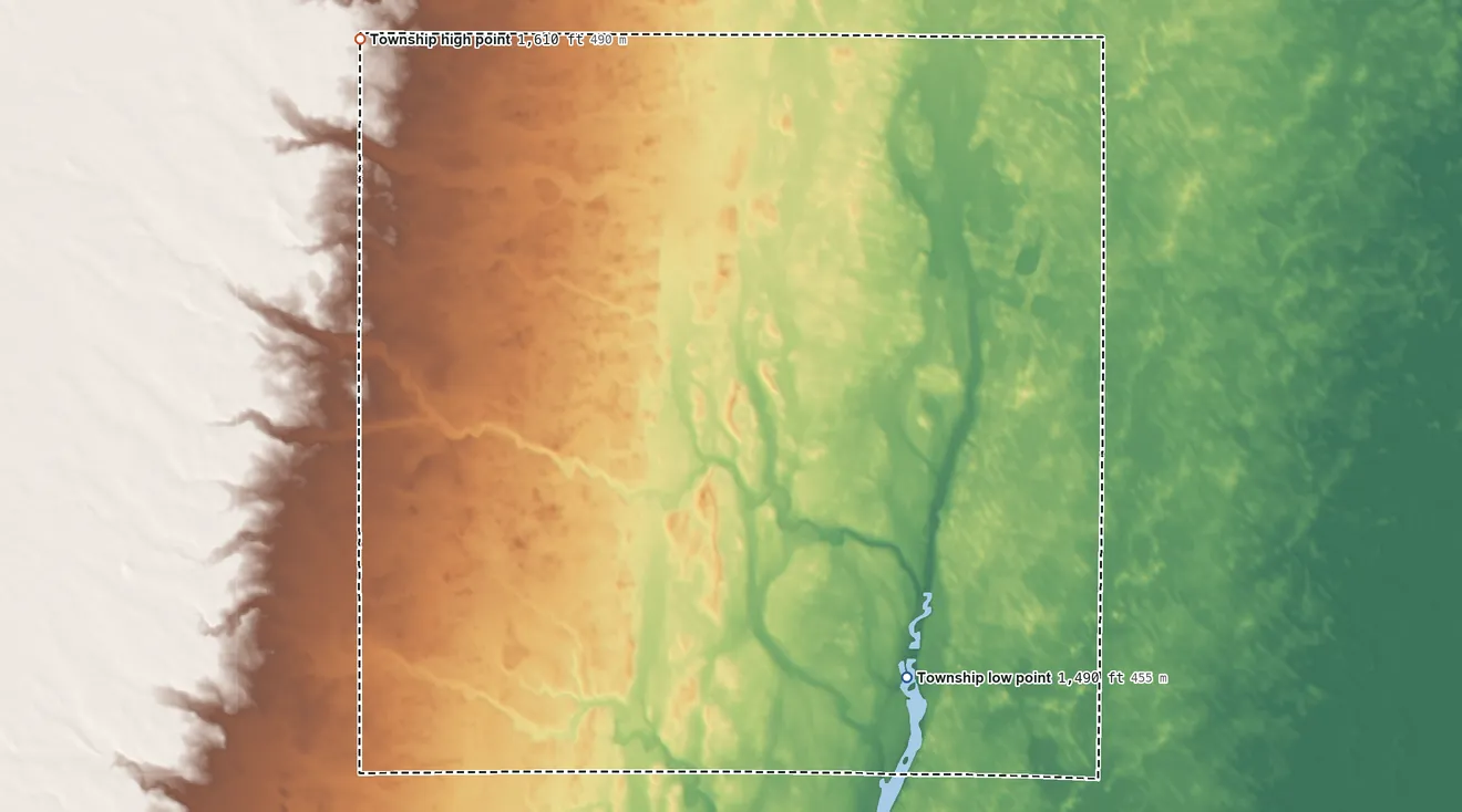 Topographic elevation map of Albion Township, North Dakota, shaded from 1,490 ft on the south side to 1,610 ft on the west side