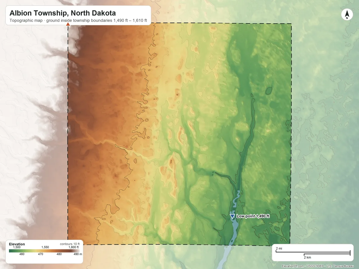 Topographic elevation map of Albion Township, North Dakota, shaded from 1,490 ft on the south side to 1,610 ft on the west side