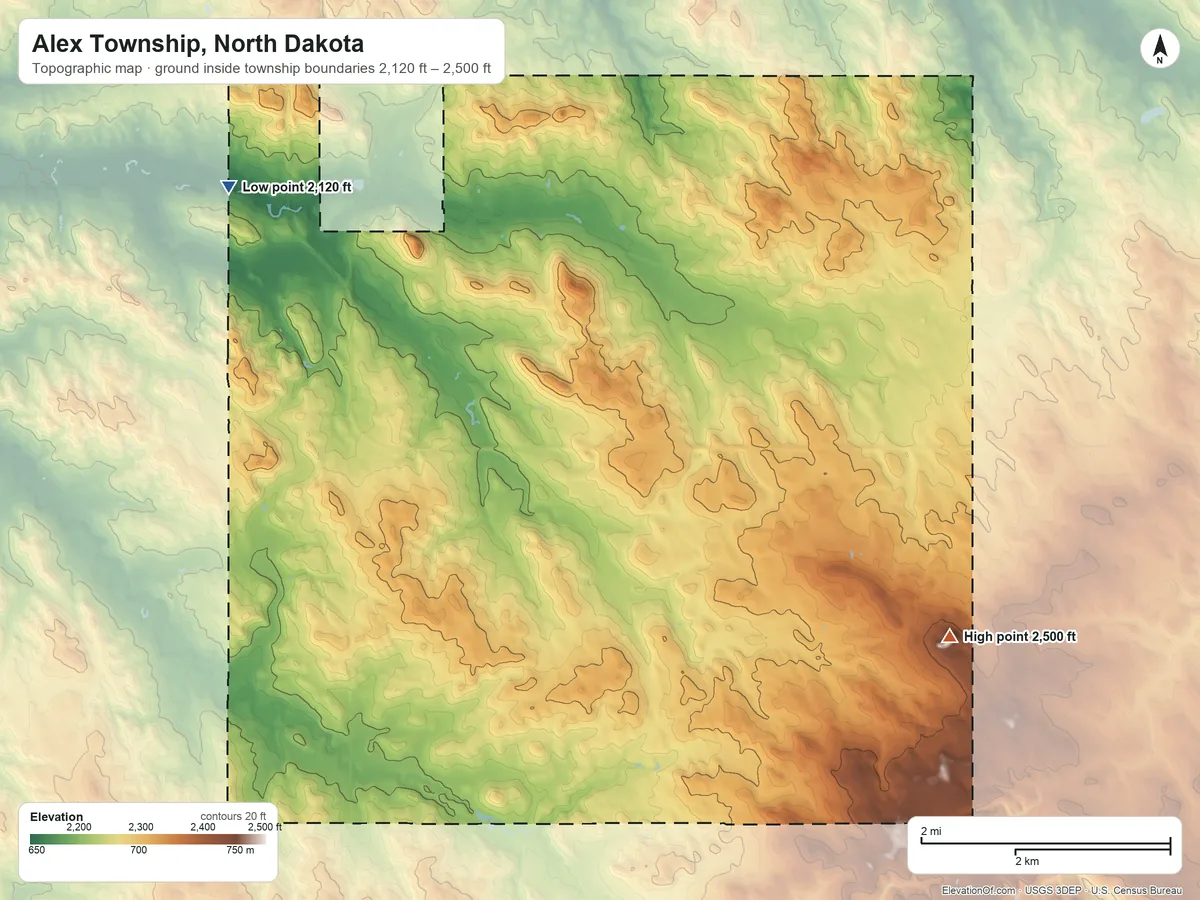 Topographic elevation map of Alex Township, North Dakota, shaded from 2,120 ft on the northwest side to 2,500 ft on Hay Butte