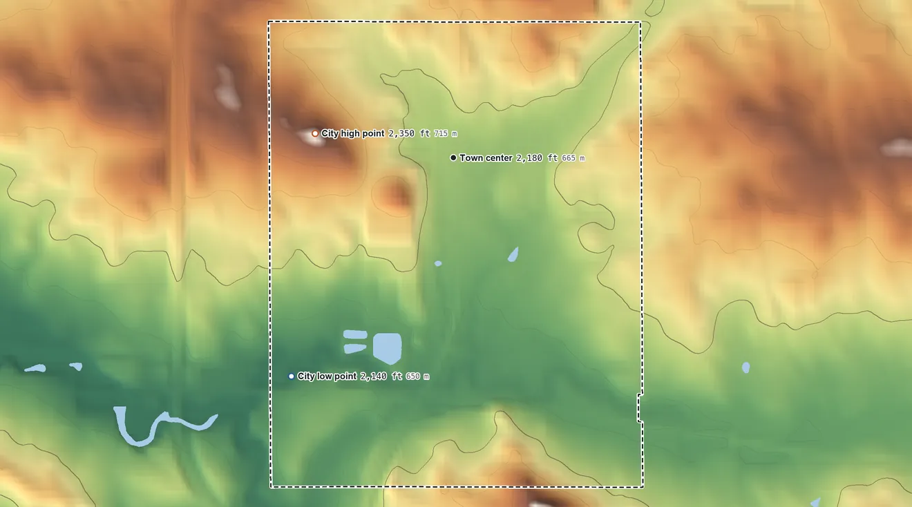 Topographic elevation map of Alexander, North Dakota, shaded from 2,140 ft on the southwest side to 2,350 ft on Foreman Butte