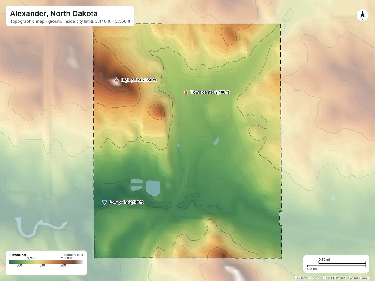 Topographic elevation map of Alexander, North Dakota, shaded from 2,140 ft on the southwest side to 2,350 ft on Foreman Butte