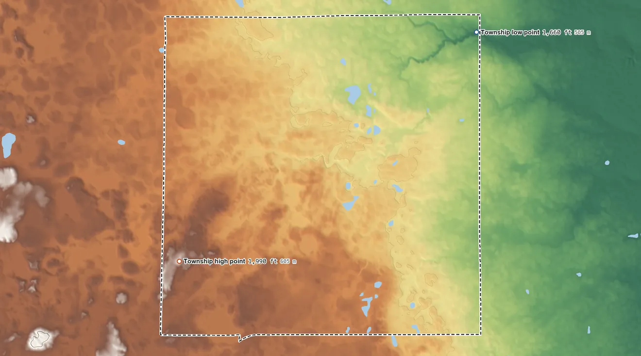 Topographic elevation map of Alexander Township, North Dakota, shaded from 1,660 ft on the northeast side to 1,990 ft on the west side