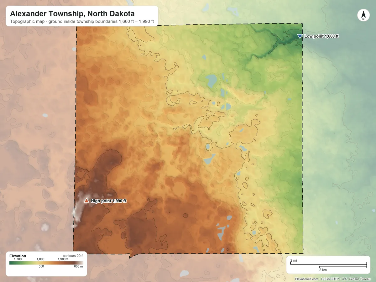 Topographic elevation map of Alexander Township, North Dakota, shaded from 1,660 ft on the northeast side to 1,990 ft on the west side