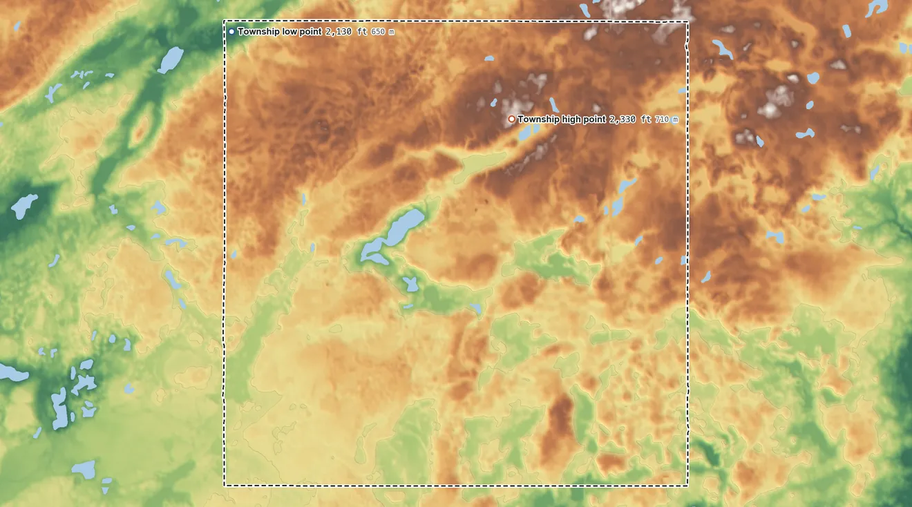 Topographic elevation map of Alexandria Township, North Dakota, shaded from 2,130 ft on the northwest side to 2,330 ft on the north side