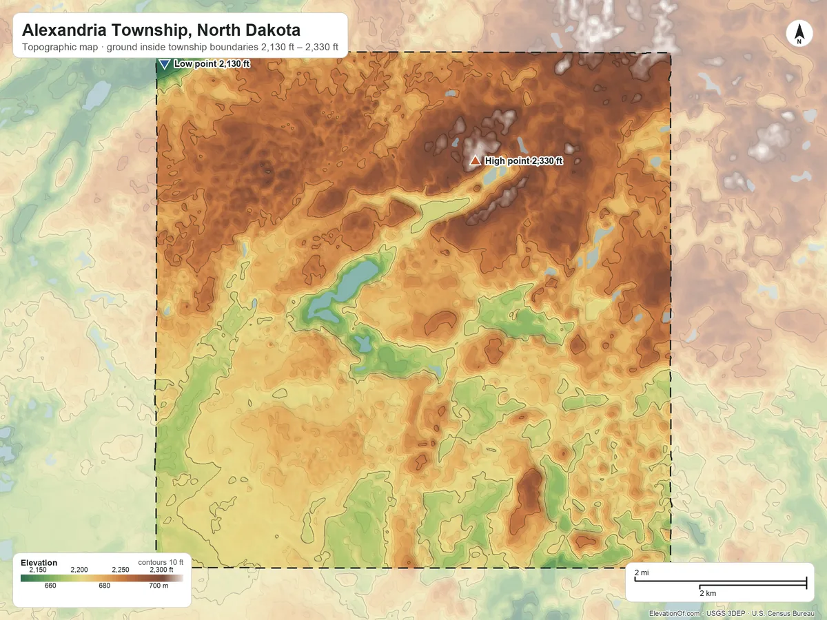 Topographic elevation map of Alexandria Township, North Dakota, shaded from 2,130 ft on the northwest side to 2,330 ft on the north side