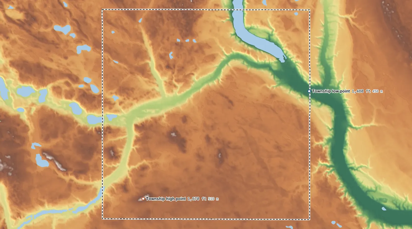 Topographic elevation map of Alexanter Township, North Dakota, shaded from 1,480 ft on the east side to 1,670 ft on the south side
