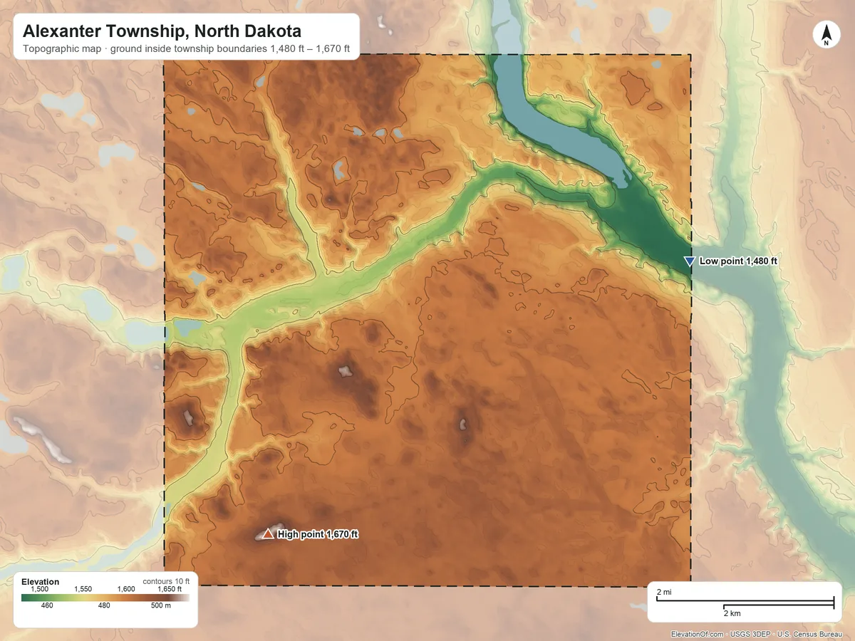 Topographic elevation map of Alexanter Township, North Dakota, shaded from 1,480 ft on the east side to 1,670 ft on the south side