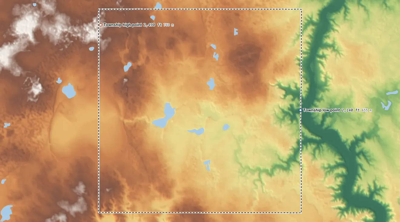 Topographic elevation map of Alger Township, North Dakota, shaded from 2,140 ft on the east side to 2,490 ft on the northwest side