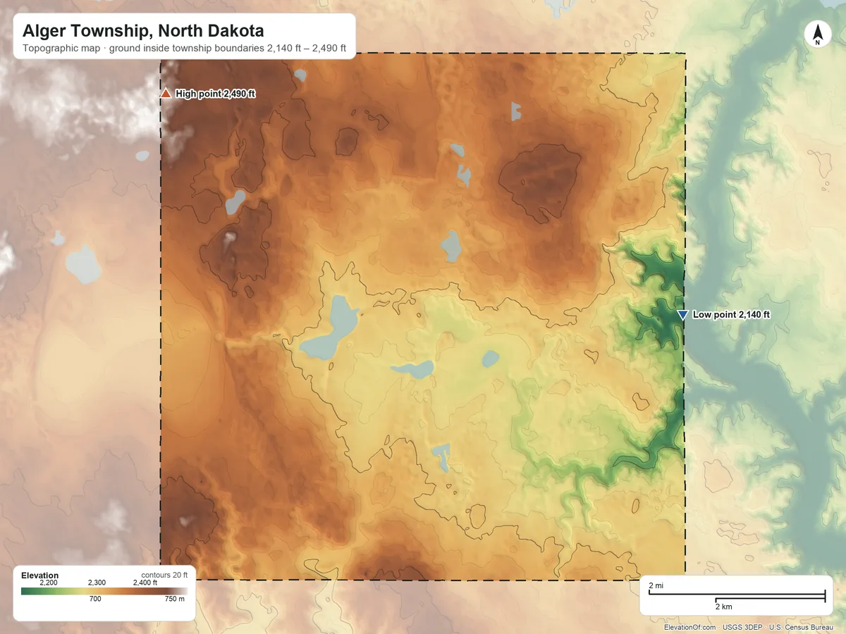 Topographic elevation map of Alger Township, North Dakota, shaded from 2,140 ft on the east side to 2,490 ft on the northwest side