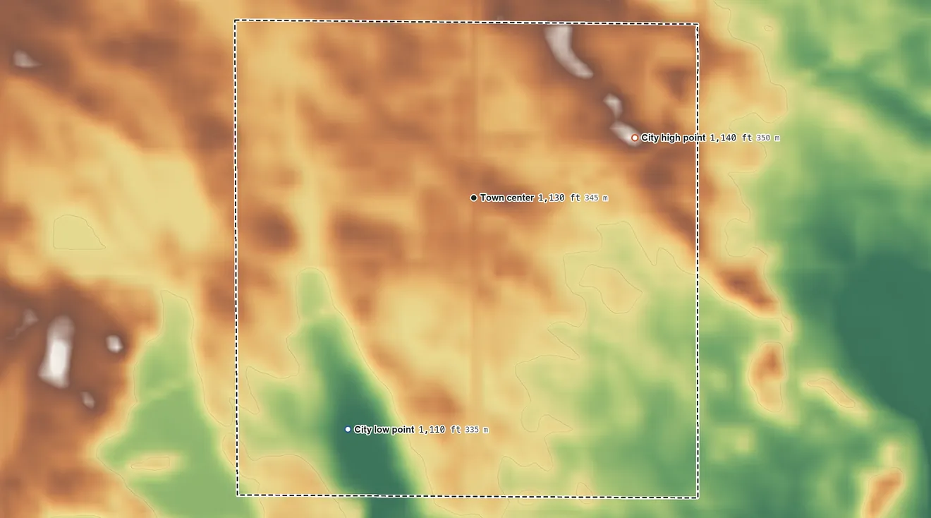 Topographic elevation map of Alice, North Dakota, shaded from 1,110 ft on the southwest side to 1,140 ft on the east side
