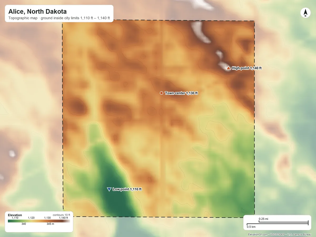 Topographic elevation map of Alice, North Dakota, shaded from 1,110 ft on the southwest side to 1,140 ft on the east side