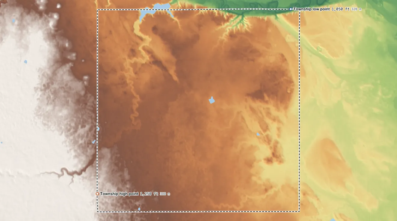 Topographic elevation map of Aliceton Township, North Dakota, shaded from 1,050 ft on the northeast side to 1,250 ft on the southwest side