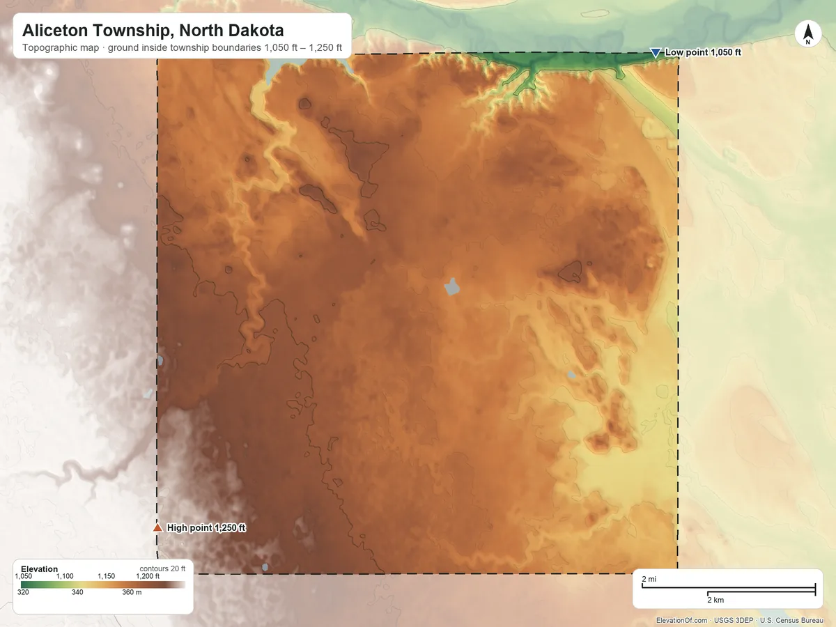 Topographic elevation map of Aliceton Township, North Dakota, shaded from 1,050 ft on the northeast side to 1,250 ft on the southwest side