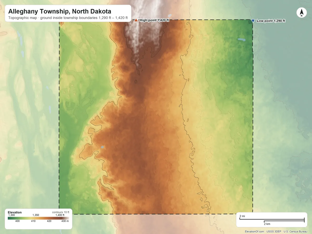 Topographic elevation map of Alleghany Township, North Dakota, shaded from 1,290 ft on the northeast side to 1,420 ft on the northwest side