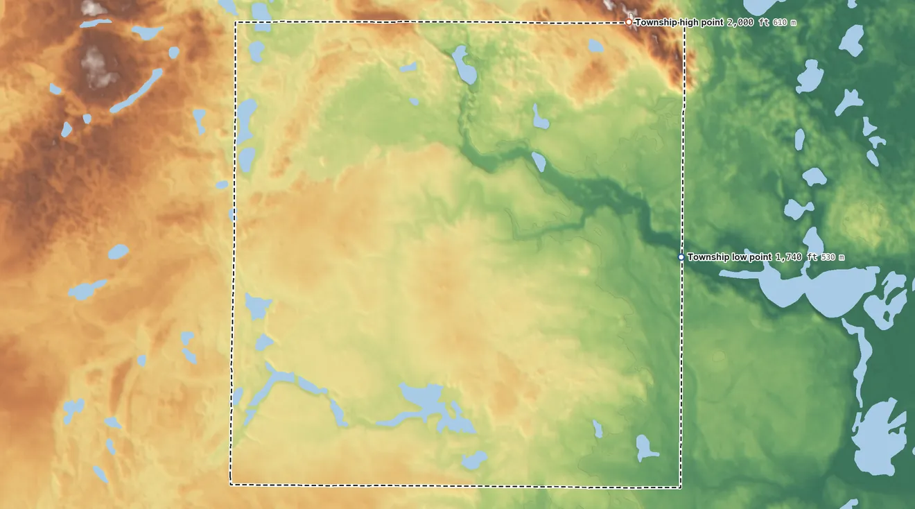 Topographic elevation map of Allen Township, North Dakota, shaded from 1,740 ft on the east side to 2,000 ft on the northeast side