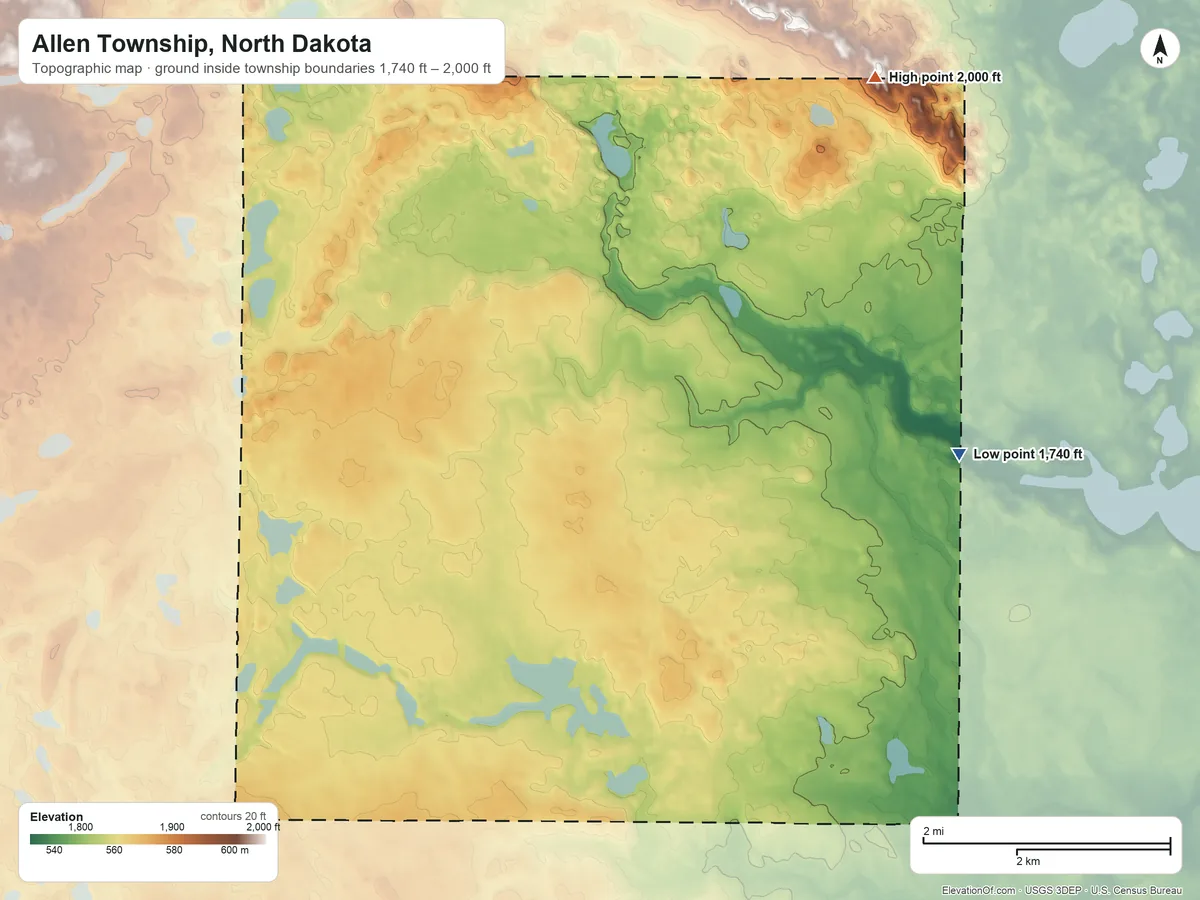 Topographic elevation map of Allen Township, North Dakota, shaded from 1,740 ft on the east side to 2,000 ft on the northeast side