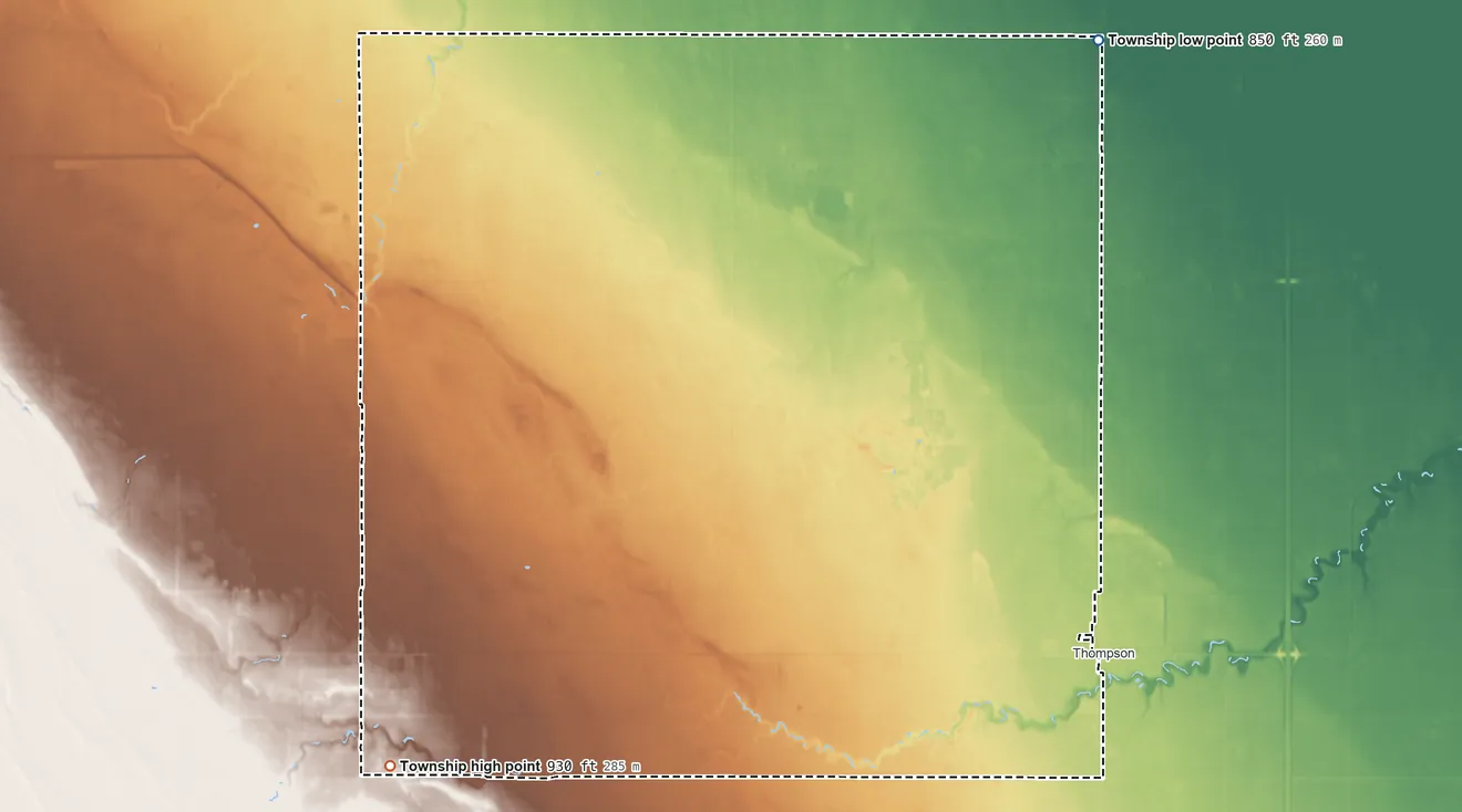 Topographic elevation map of Allendale Township, North Dakota, shaded from 850 ft on the northeast side to 930 ft on the southwest side