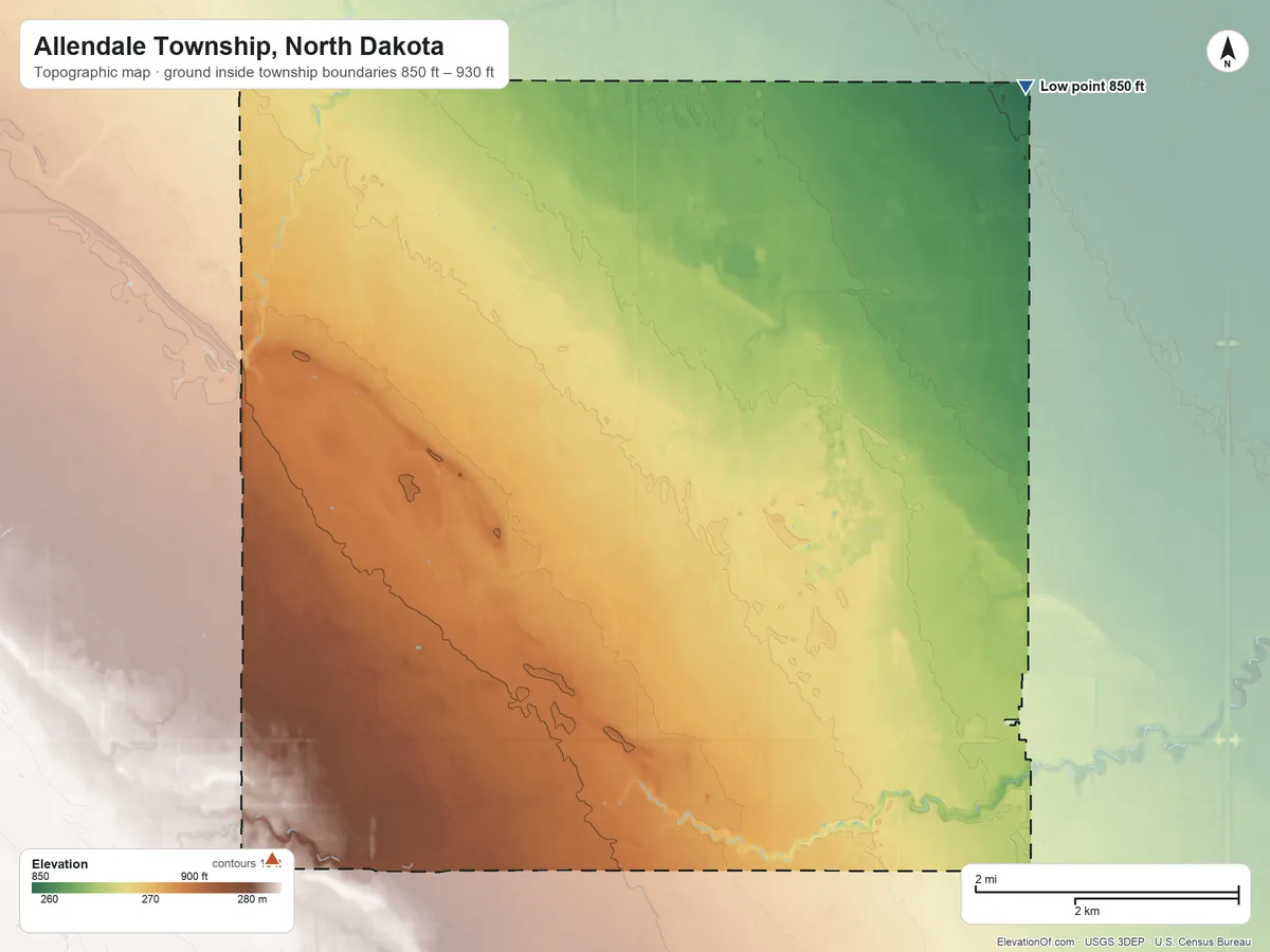 Topographic elevation map of Allendale Township, North Dakota, shaded from 850 ft on the northeast side to 930 ft on the southwest side