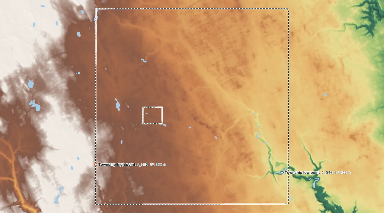 Topographic elevation map of Alma Township, North Dakota, shaded from 1,540 ft on the southeast side to 1,640 ft on the southwest side